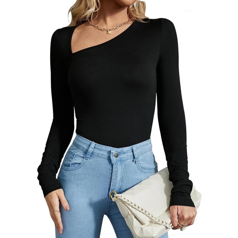 Asymmetrical Neck Long Sleeve Bodysuit Tops Black Small Leotard